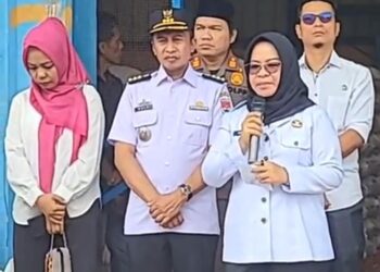 Bupati Mesuji Elfianah Didampingi Dinas Sosial Membagikan Beras Reguler Kepada Masyarakat Yang  Terdampak Banjir